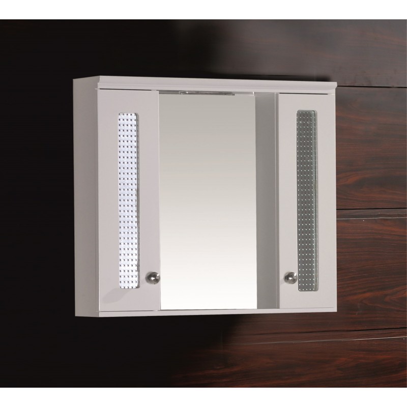 Горен огледален PVC шкаф за баня, 60*13*55 см, LED осветление, Панти Soft close