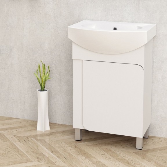 PVC шкаф за баня, 55x42x85см, Панти със soft close механизъм Бял порцеланов умивалник, Нивелиращи се крачета