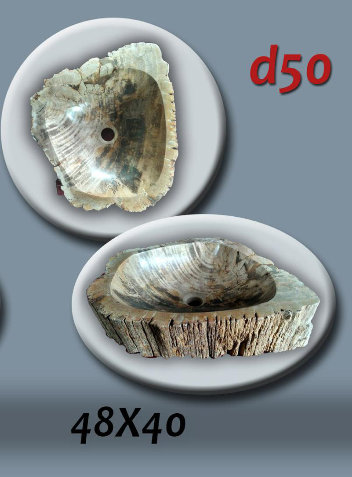 Умивалник от естествен камък- вкаменено дърво FOSSIL, ръчна изработка, без сифон, РАЗМЕР 48x40 см., полирани отвътре и с натуралния си вид отвън