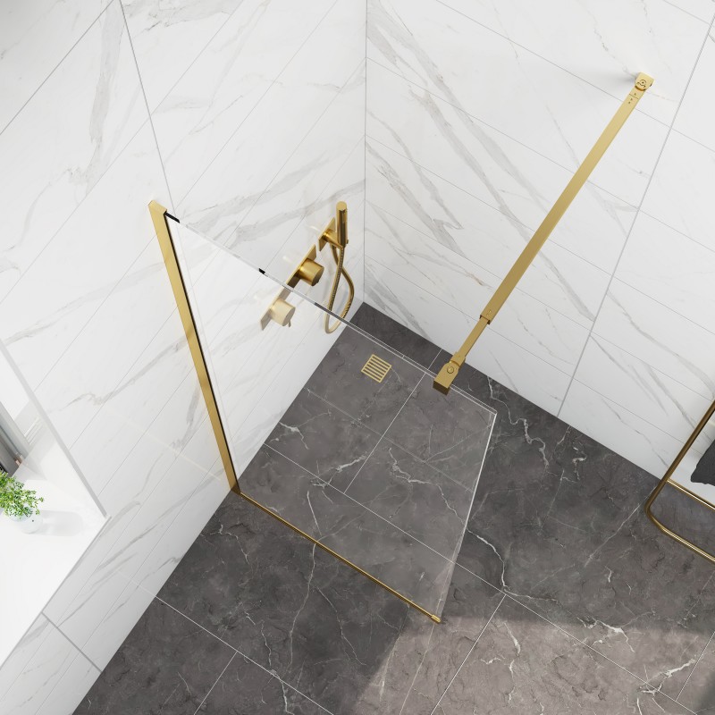 Стационарен параван, Размер: 60x200см, Прозрачно стъкло 8мм, обков злато- brushed gold, телескопично рамо от 70см до 120см