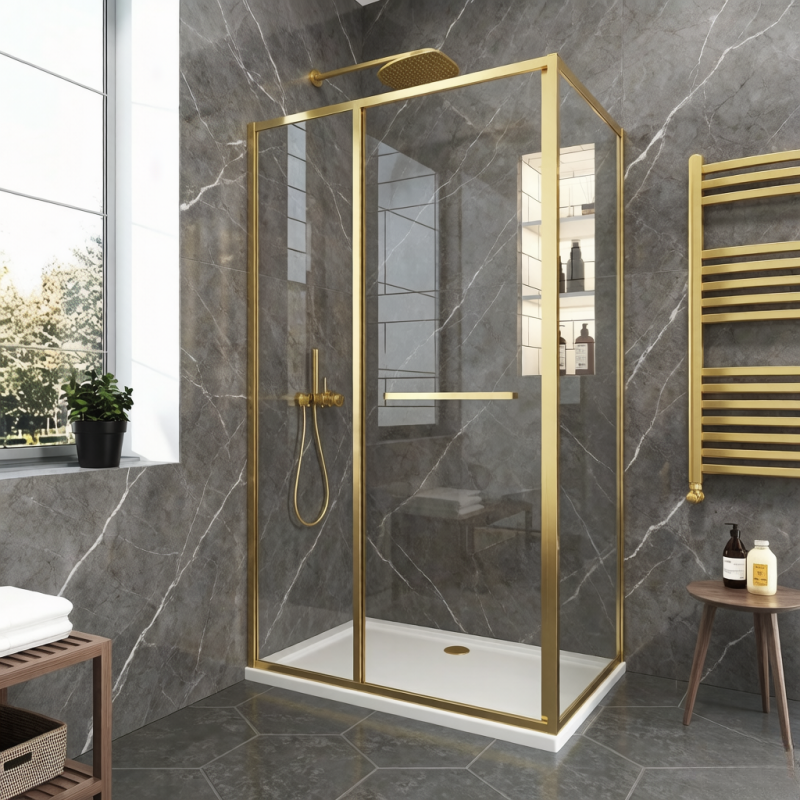 Душ кабина с плъзгане прозрачно стъкло - 6мм, размер 80*80*200, обков BRUSH GOLD                             