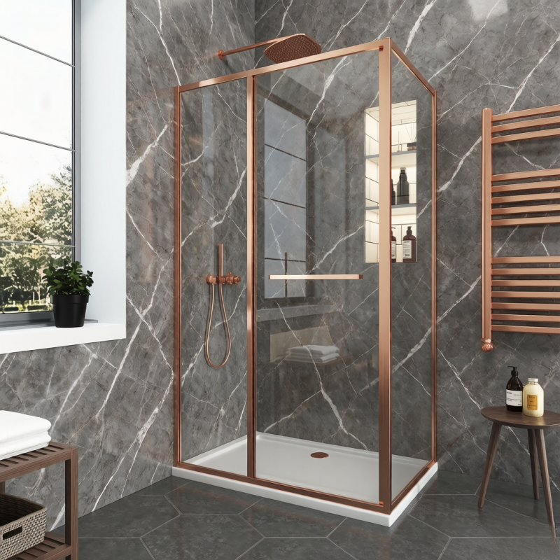 Душ кабина с плъзгане прозрачно стъкло - 6мм, размер 80*80*200, обков BRUSH ROSE GOLD                             