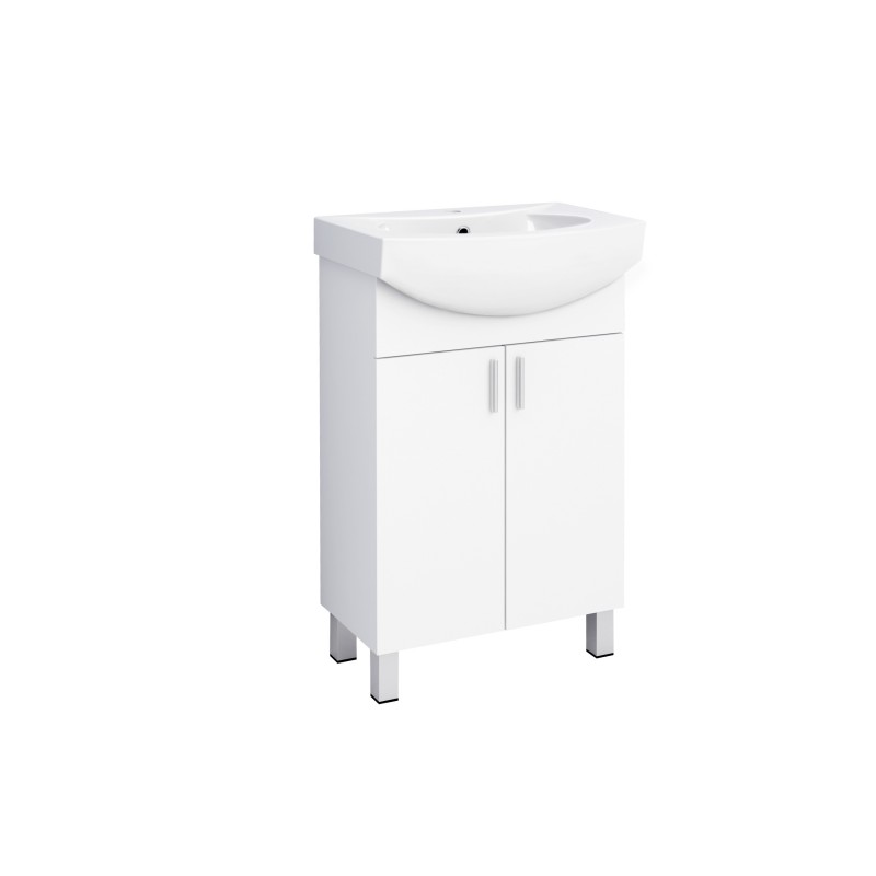 Долен PVC мебел за баня, 55x42x85см, Пантите са със soft close механизъм. Умивалникът е порцеланов, бял цвят,