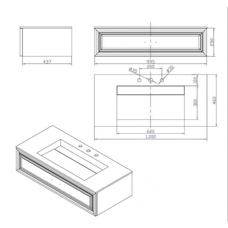 Умивалник и шкаф от материал iStone Solid Surface, размер 100*46*25 см, без сифон