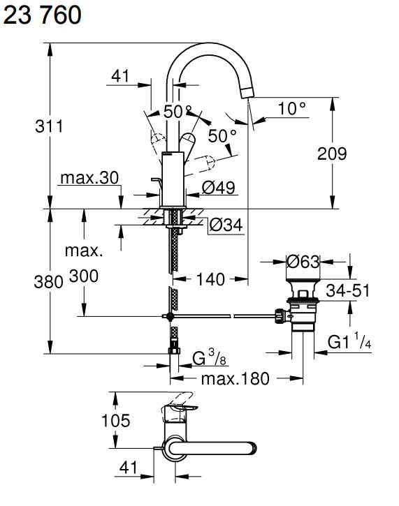 GROHE BAUEDGE смесител за умивалник Метална ръкохватка, l-размер