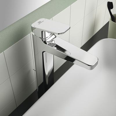 Едноръкохватков смесител за умивалник BD238AA с височина под аератора 250mm 38mm керамичен затварящ механизъм Firma Flow с вграден ограничител на топла вода