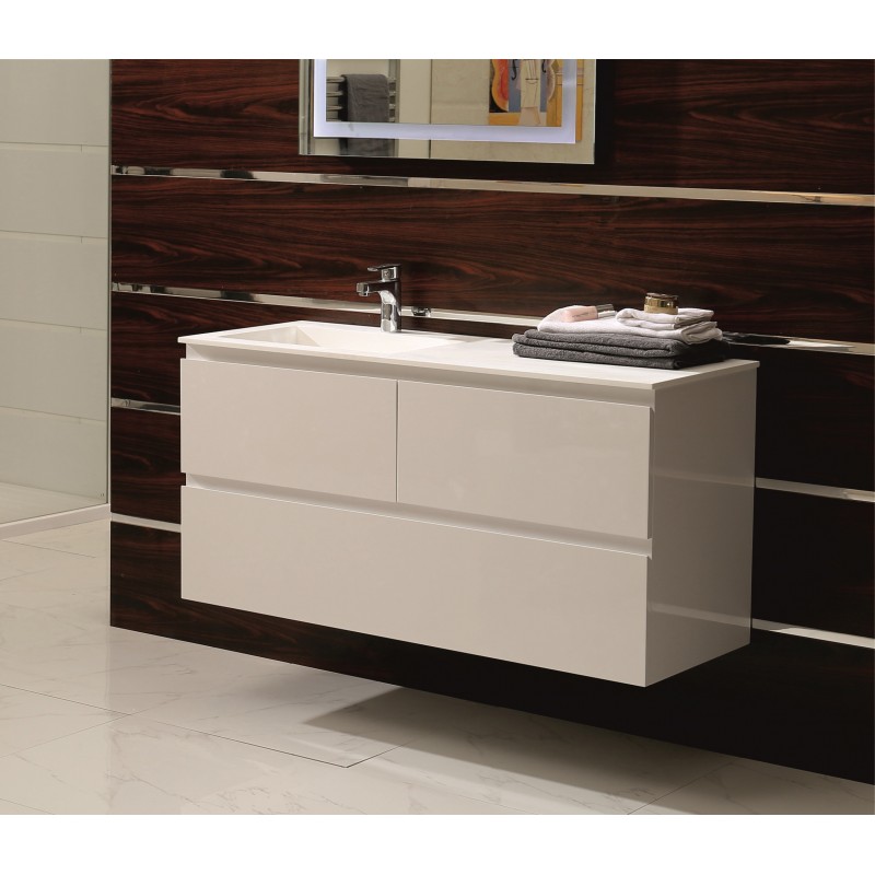 PVC Долен шкаф за баня, панти със “soft close” механизъм, 120x46x60см, Умивалник iStone материал, С ДЕСЕН ПЛОТ 