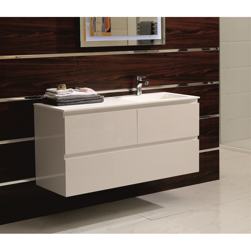 PVC Долен шкаф за баня, панти със “soft close” механизъм, 120x46x60см, Умивалник iStone материал, С ЛЯВ ПЛОТ 