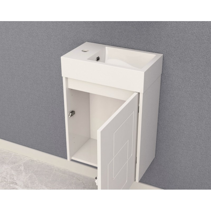 PVC шкаф за баня, панти със “soft close” механизъм. 45x30x63см, умивалник от смола