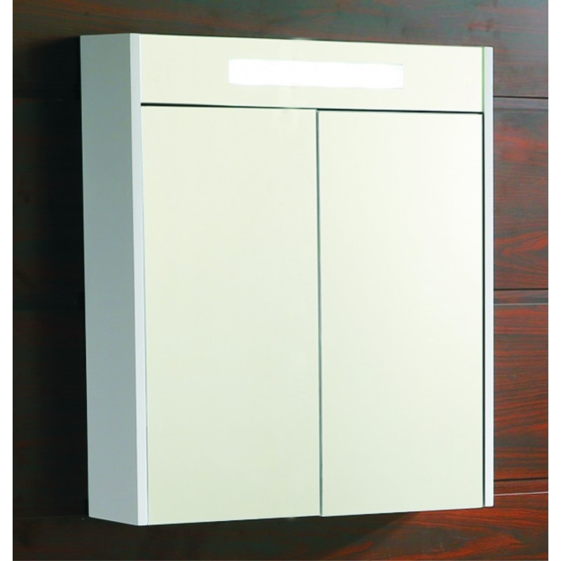 Горен огледален PVC шкаф за баня, 80*16*70см, Осветление LED, Панти Soft close, Бял