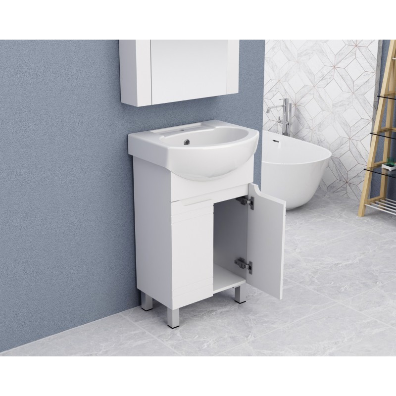 PVC шкаф за баня, 50x42x85см, панти със “soft close” механизъм и нивелиращи се крачета. Бял порцеланов умивалник