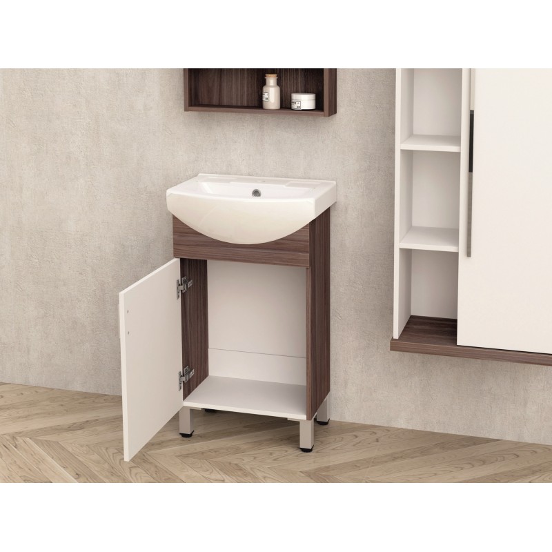 PVC шкаф за баня, панти със “soft close” механизъм. 50*40*85см, Порцеланов умивалник