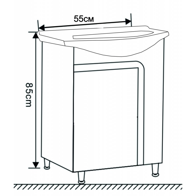 PVC шкаф за баня, 55x42x85см, Панти със soft close механизъм с Бял порцеланов умивалник Нивелиращи се крачета