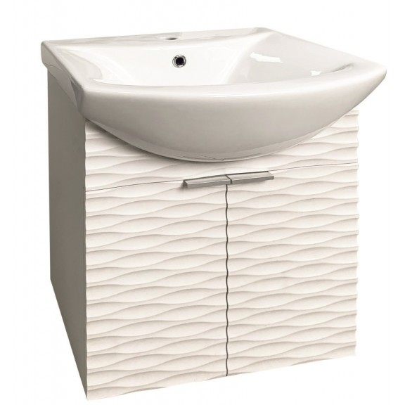 Долен PVC мебел за баня . 55x42.5x60см, Пантите са със soft close механизъм. Умивалникът е порцеланов, бял цвят.