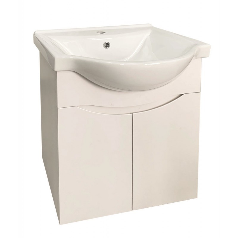 Долен PVC мебел за баня . 55x49x60см, Пантите са със soft close механизъм. Умивалникът е порцеланов, бял цвят.