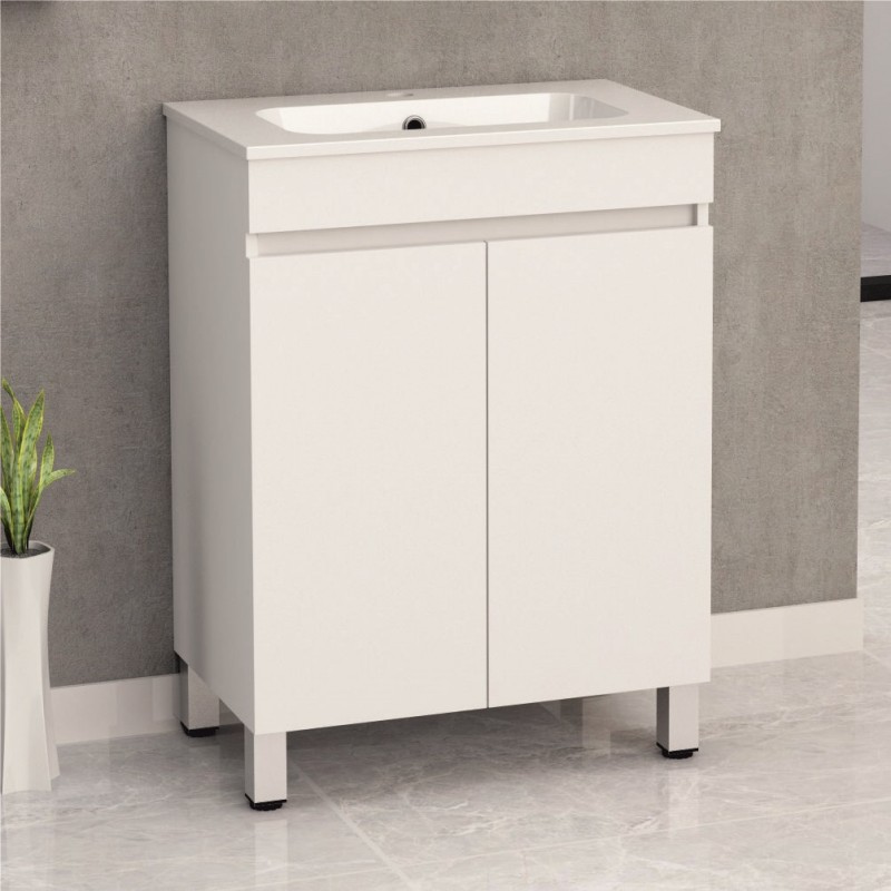 PVC шкаф за баня, панти със “soft close” механизъм. 60.4x38.5x81.5см, умивалник от смола