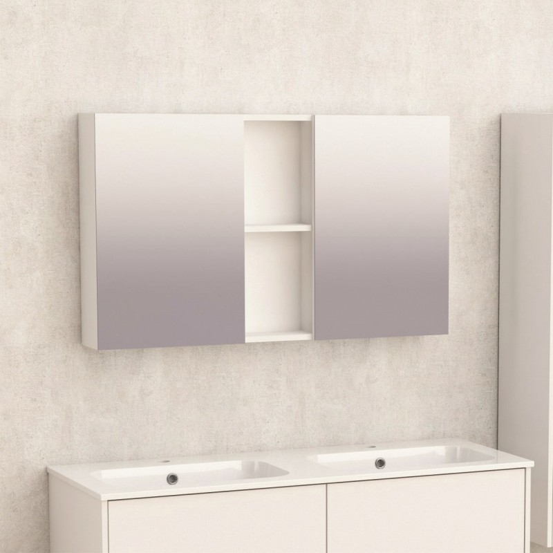 Горен огледален PVC шкаф за баня, 120*14*60см, Панти Soft close, Бял