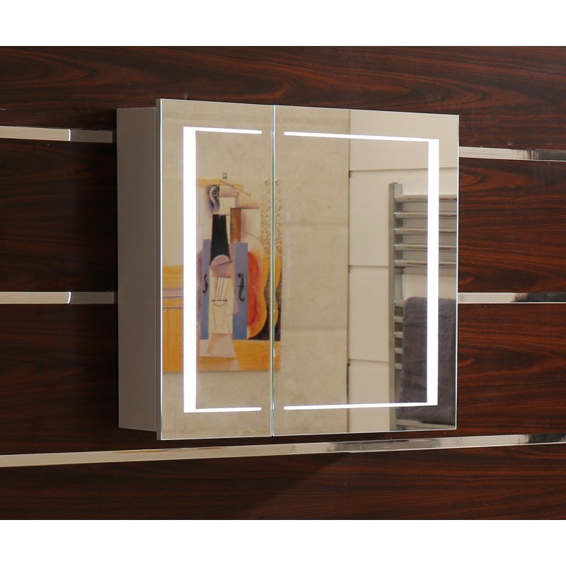 Горен огледален PVC шкаф за баня, 60*15*63см, Осветление LED, Панти Soft close, Бял