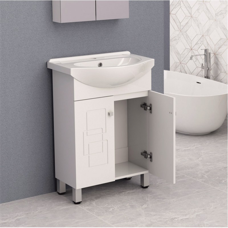 PVC шкаф за баня, панти със “soft close” механизъм. 60x43x85см, Порцеланов умивалник, нивелиращи се крачета
