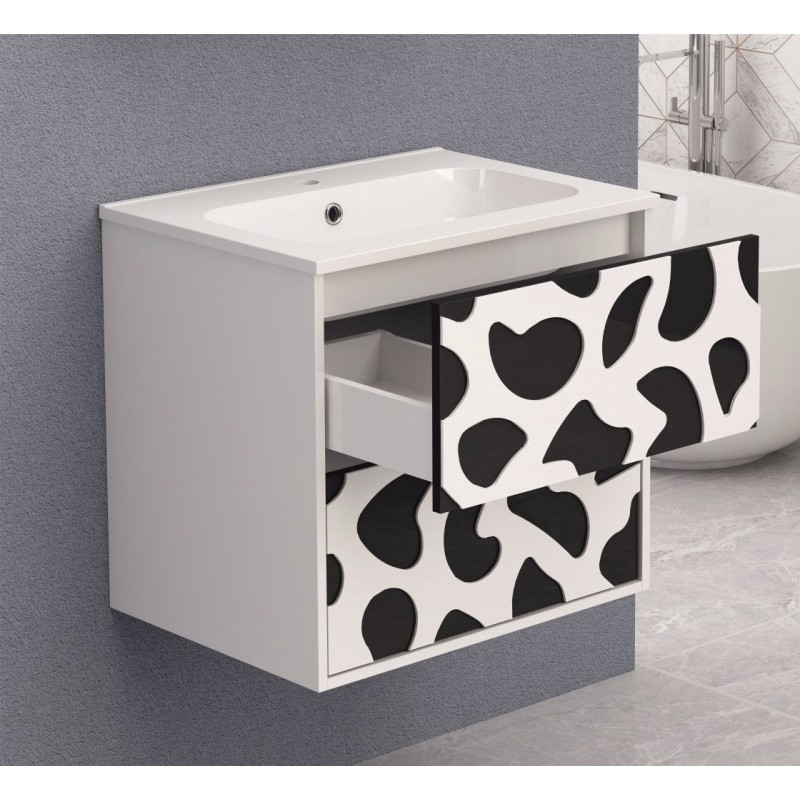 Долен шкаф за баня, панти със “soft close” механизъм. 60x43.5x55см, PVC корпус, чекмеджета, изработени от шперплат и меламиново покритие, Умивалникът е от смола