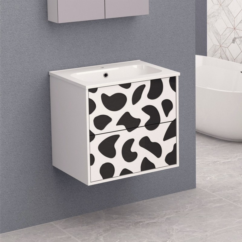 Долен шкаф за баня, панти със “soft close” механизъм. 60x43.5x55см, PVC корпус, чекмеджета, изработени от шперплат и меламиново покритие, Умивалникът е от смола
