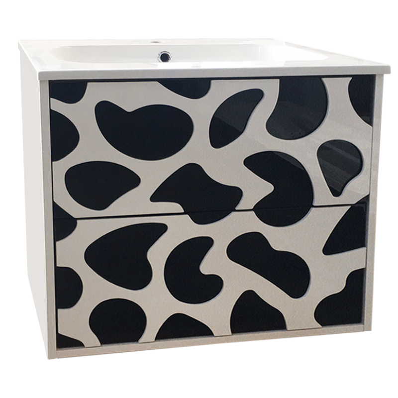 Долен шкаф за баня, панти със “soft close” механизъм. 60x43.5x55см, PVC корпус, чекмеджета, изработени от шперплат и меламиново покритие, Умивалникът е от смола