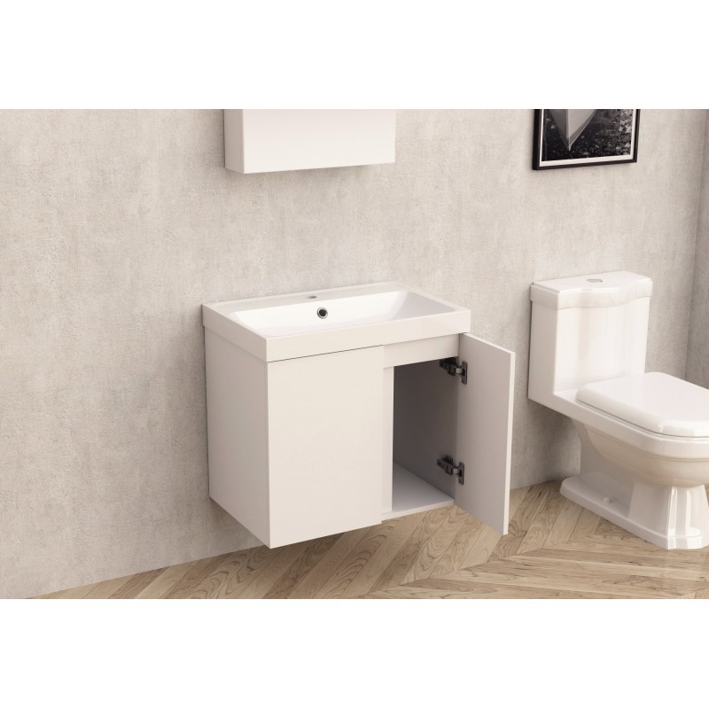 Долен PVC мебел за баня . 60.8x41x55см, Пантите са със soft close механизъм. Умивалникът е от ПОЛИМЕРМРАМОР - бял цвят.