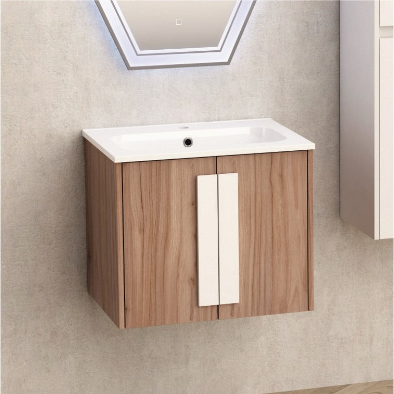 Долен шкаф за баня, панти със “soft close” механизъм. 60x45x50см, PVC, шперплат + меламиново покритие, Умивалникът е от смола