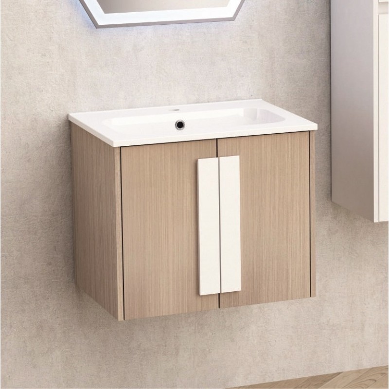 Долен шкаф за баня, панти със “soft close” механизъм. 60x45x50см, PVC, шперплат + меламиново покритие, Умивалникът е от смола
