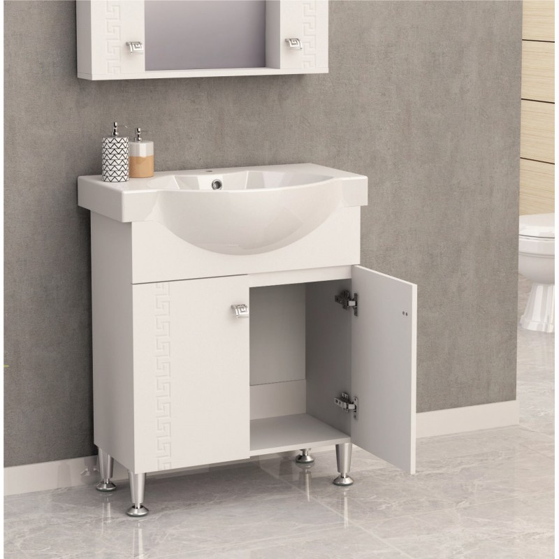 PVC шкаф за баня, панти със “soft close” механизъм. 70x47x85см, порцеланов умивалник, с нивелиращи се крачета