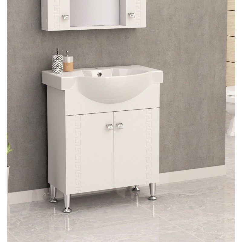 PVC шкаф за баня, панти със “soft close” механизъм. 70x47x85см, порцеланов умивалник, с нивелиращи се крачета