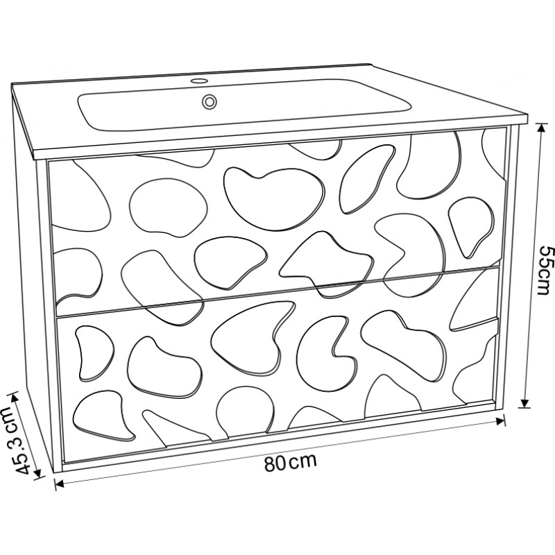 Долен шкаф за баня, панти със “soft close” механизъм. 80x43.5x55см, PVC корпус,чекмеджета, изработени от шперплат и меламиново покритие, Умивалникът е от смола