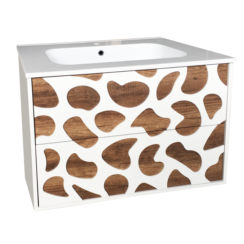 Долен шкаф за баня, панти със “soft close” механизъм. 80x43.5x55см, PVC корпус,чекмеджета, изработени от шперплат и меламиново покритие, Умивалникът е от смола