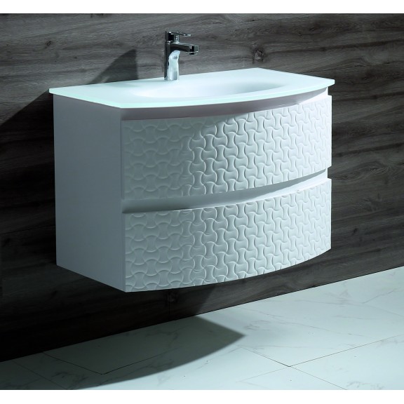 PVC Долен шкаф за баня, панти със “soft close” механизъм, 80x50x55см, Умивалникът е от матирано стъкло - бял цвят.  