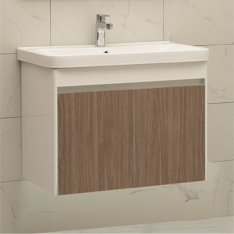 PVC Долен шкаф за баня, панти със “soft close” механизъм. 80x46x63см, Порцеланов умивалник, вратите са от шперплат + меламиново покритие