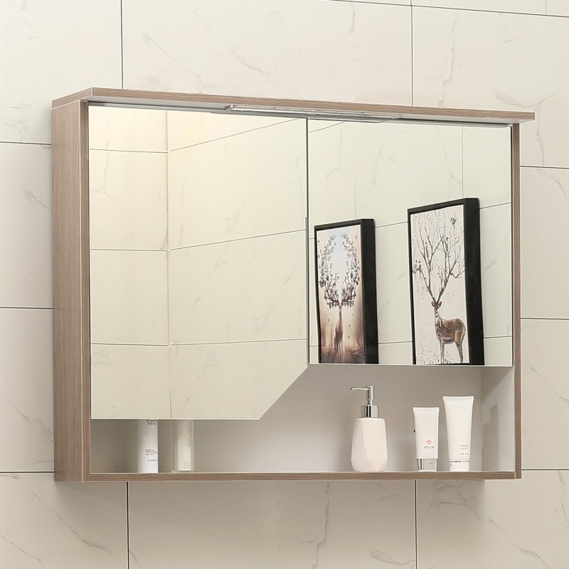 Горен огледален PVC шкаф за баня, 90*15*70см, Осветление LED, Панти Soft close, Бял / Дървесен