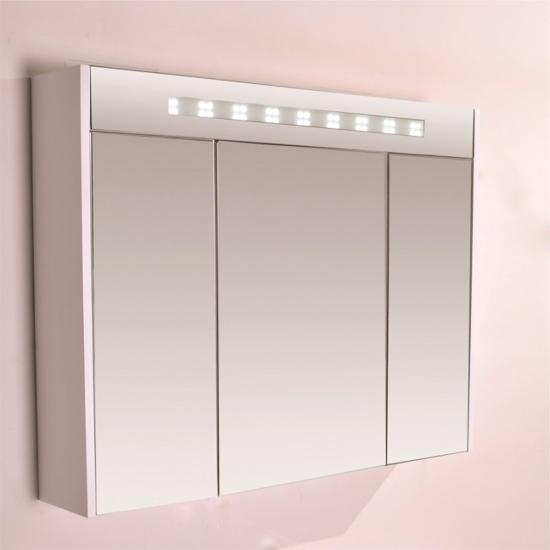 Горен огледален PVC шкаф за баня, 90*16*70см, Осветление LED, Панти Soft close, Бял