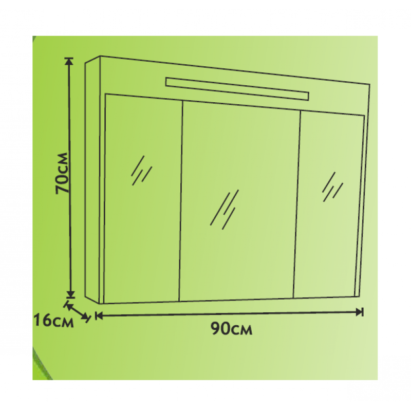 Горен огледален PVC шкаф за баня, 90*16*70см, Осветление LED, Панти Soft close, Бял