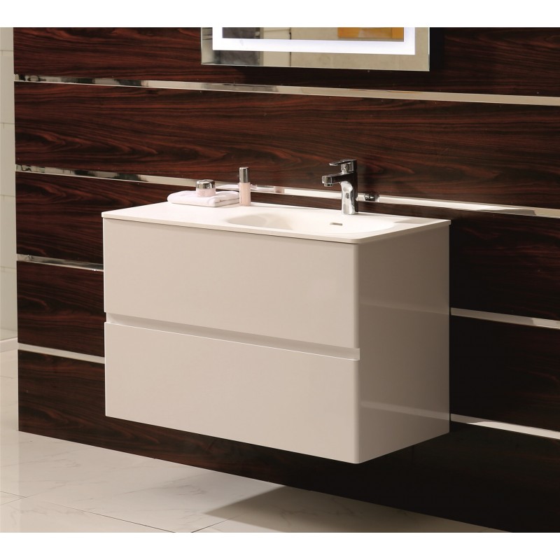 PVC Долен шкаф за баня, панти със “soft close” механизъм, 90x46x60см, Умивалник iStone материал, /ДЯСНО КОРИТО/