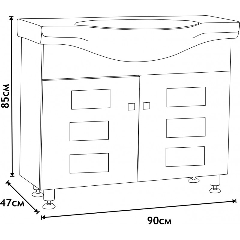 PVC Долен шкаф за баня, панти със “soft close” механизъм. 90x47x85см, , Порцеланов умивалник