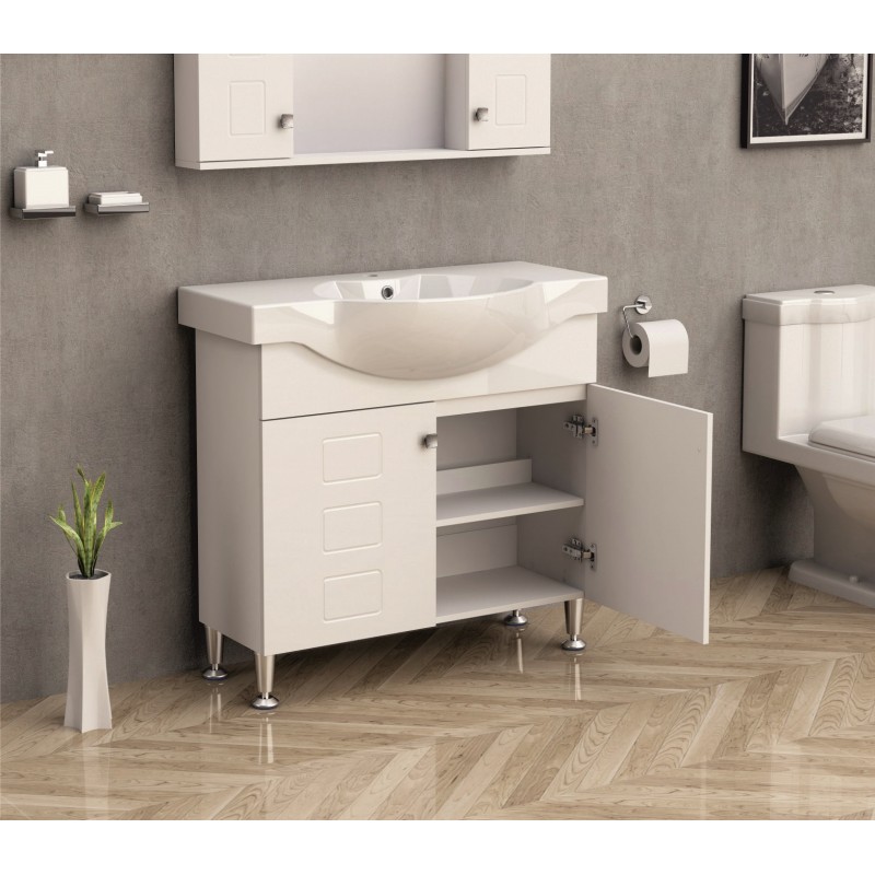 PVC Долен шкаф за баня, панти със “soft close” механизъм. 90x47x85см, , Порцеланов умивалник