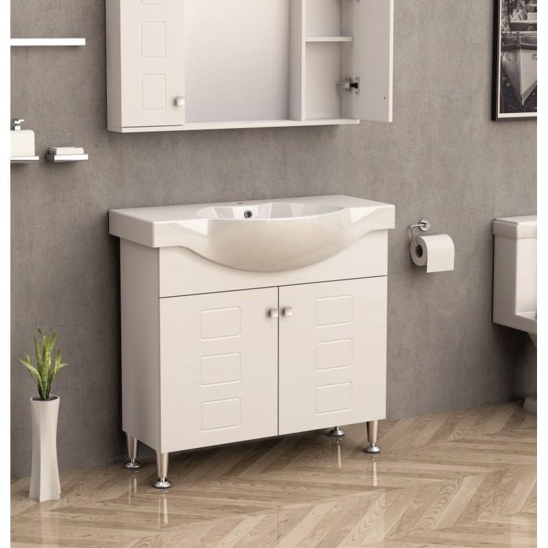 PVC Долен шкаф за баня, панти със “soft close” механизъм. 90x47x85см, , Порцеланов умивалник