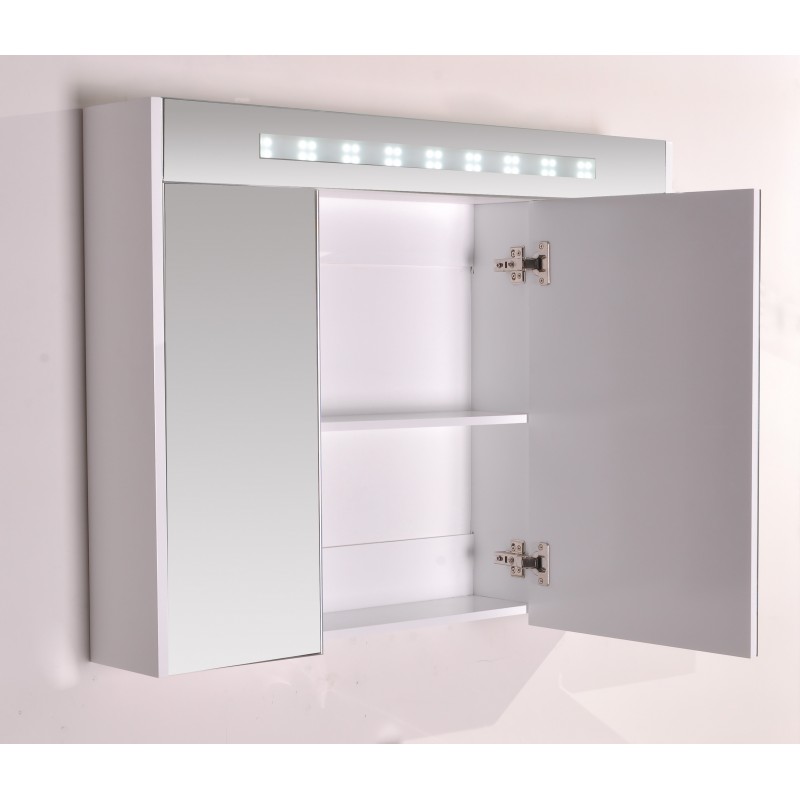 Горен огледален PVC шкаф за баня, 90*16*70см, Осветление LED, Панти Soft close, Бял