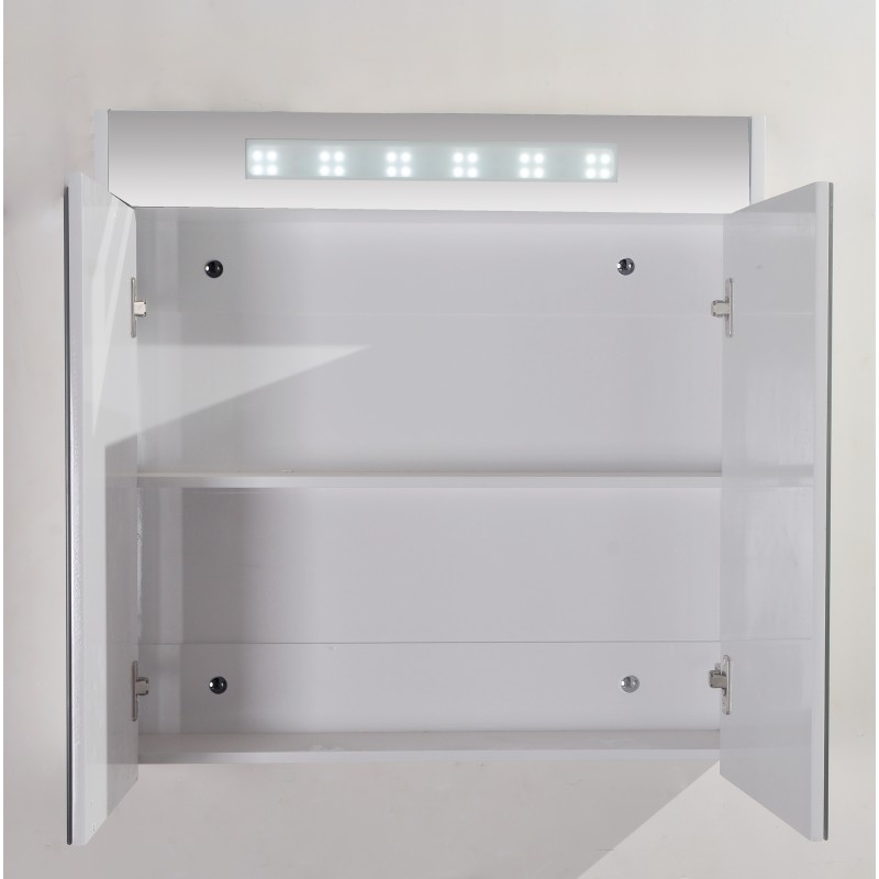 Горен огледален PVC шкаф за баня, 80*16*70см, Осветление LED, Панти Soft close, Бял