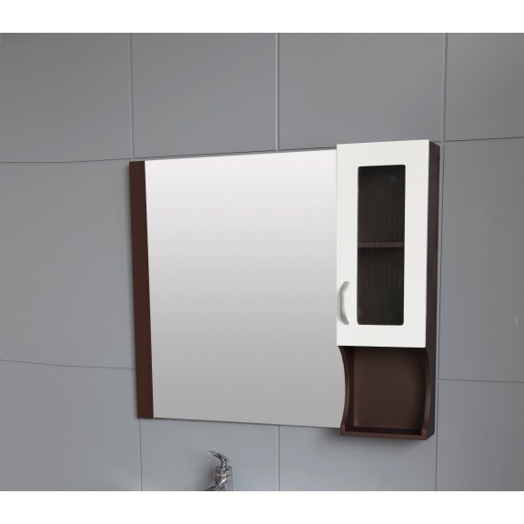 Горен огледален PVC шкаф за баня, 90*15*70 см, Панти Soft close, Бял + кафяв