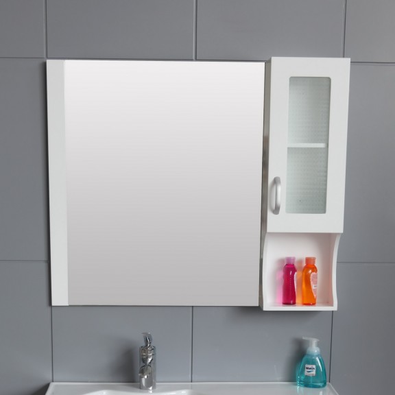 Горен огледален PVC шкаф за баня, 90*15*70 см, Панти Soft close, Бял 
