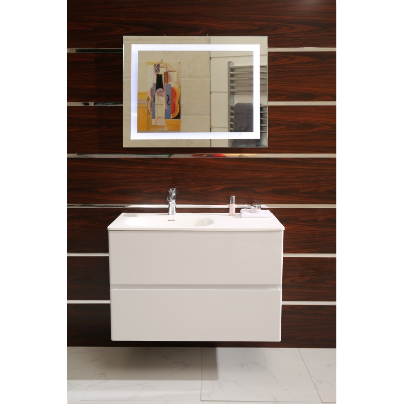PVC Долен шкаф за баня, панти със “soft close” механизъм, 90x46x60см, Умивалник iStone материал, ЛЯВО КОРИТО/