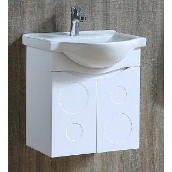 Долен PVC мебел за баня, 55.5x50x60см, Пантите са със soft close механизъм. Умивалникът е порцеланов, бял цвят.
