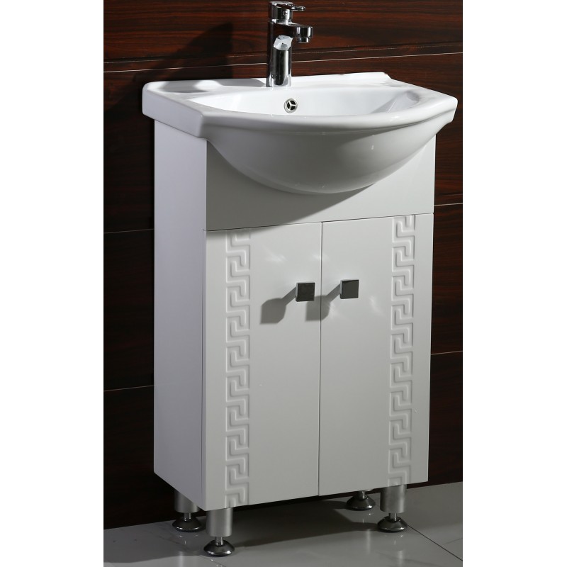 PVC шкаф за баня, панти със “soft close” механизъм. 50x44x85см, порцеланов умивалник, с нивелиращи се крачета